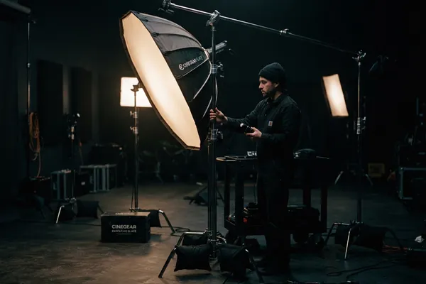 Studio lighting setup prepared for a professional product shoot